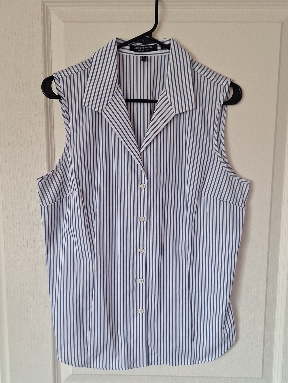 Jones New York White and Blue Striped Sleeveless Button-Down Shirt
